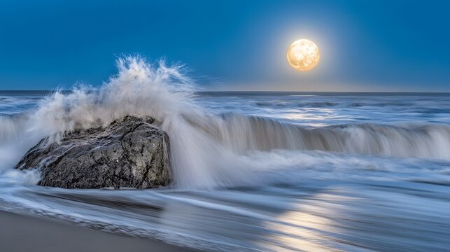 Ocean Waves Crashing on Rock at Night under Full Moon