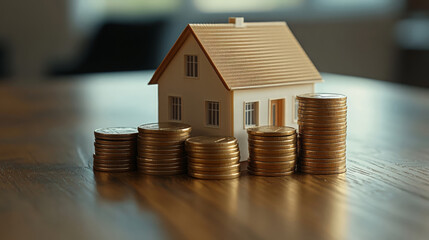 Model house placed beside stacks of coins symbolizes financial investment and savings