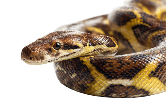 Close-up of a burmese python with yellow and brown patterns, cut out