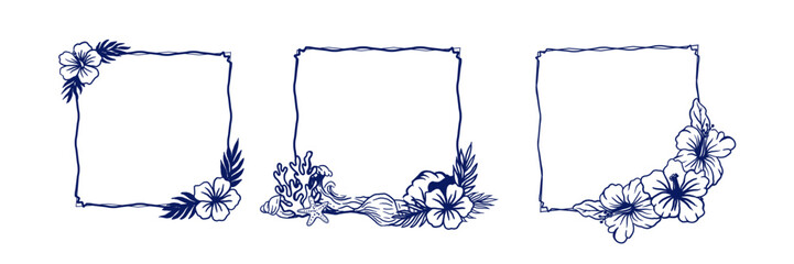 Square frame set with tropical flowers, waves, and corals
