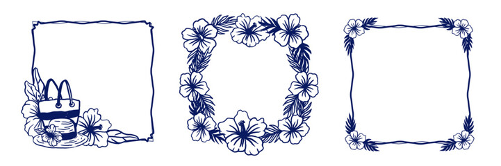 Set of hibiscus flower frames with a beach bag in summer style