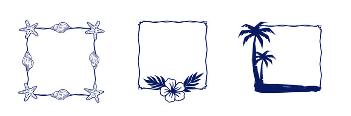 Vector square frame with a central tropical hibiscus flower and palm leaves at the bottom. Suitable for invitations, posters, greeting cards, and summer-themed content.