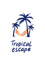Naklejka premium Palm trees with hammock and “Tropical escape” lettering — summer poster