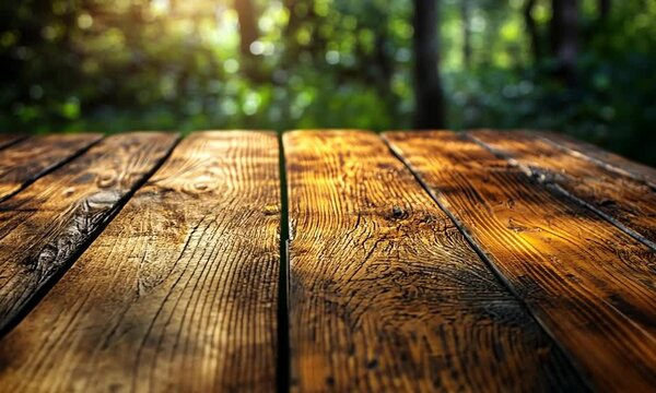 Sunlit wooden table in a forest setting, showcasing nature's beauty and tranquility
