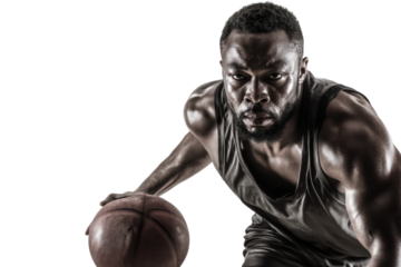 Focused adult african male basketball player in action pose on black background, cut out