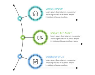 Naklejka premium Infographic template with three circular options connected by a line, suitable for business presentations, workflow steps, data visualization, vector eps10 illustration