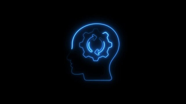 Conceptual animation of a glowing brain with gears representing thought process.