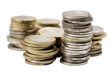 Stacks of gold and silver coins on white background reflecting wealth and investment, cut out
