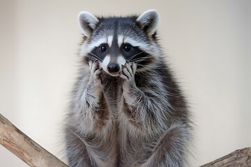 Obraz premium Adorable raccoon with expressive eyes rests on a branch looking surprised