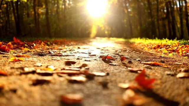 sunlit forest path with autumn leaves down slowly