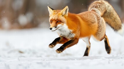 Obraz premium Energetic Red Fox Running Fast Through Snowy Forest Du Winter Day with Blurred Trees and Bright Natural Light, Captu Wildlife Action in Nature Scene