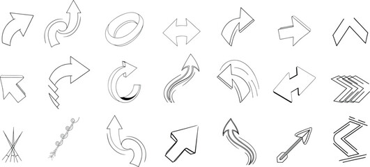 Dynamic arrow icon set with curved, straight, circular, and angular styles for navigation and UI. Includes sketch-style hand-drawn vector arrows. Perfect for direction, design, and infographics.