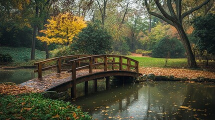 Naklejka premium Wooden bridge over a stream in a park, with yellow leaves on the ground and in the trees.