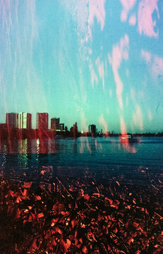 Multiple exposed highrise buildings on film