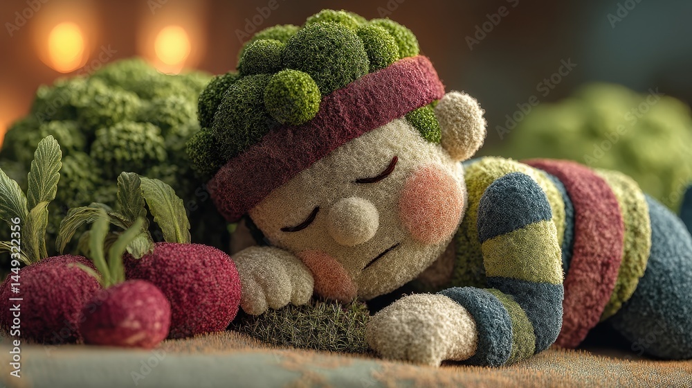 Poster charming stuffed animal with fresh vegetables depicting a playful and whimsical scene of restful sle