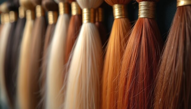 Illustration of human hair samples bundles for wig production. Various hair colors for different hair styles. Hair extension market and product showcase, industry supply.