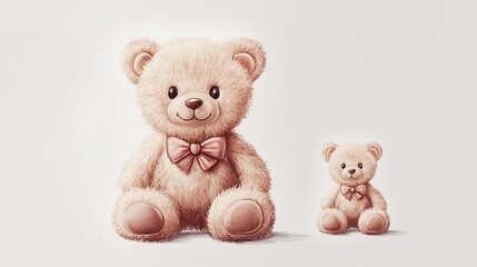 Two teddy bears, one large and one small, sitting, light beige fur, pale pink bows