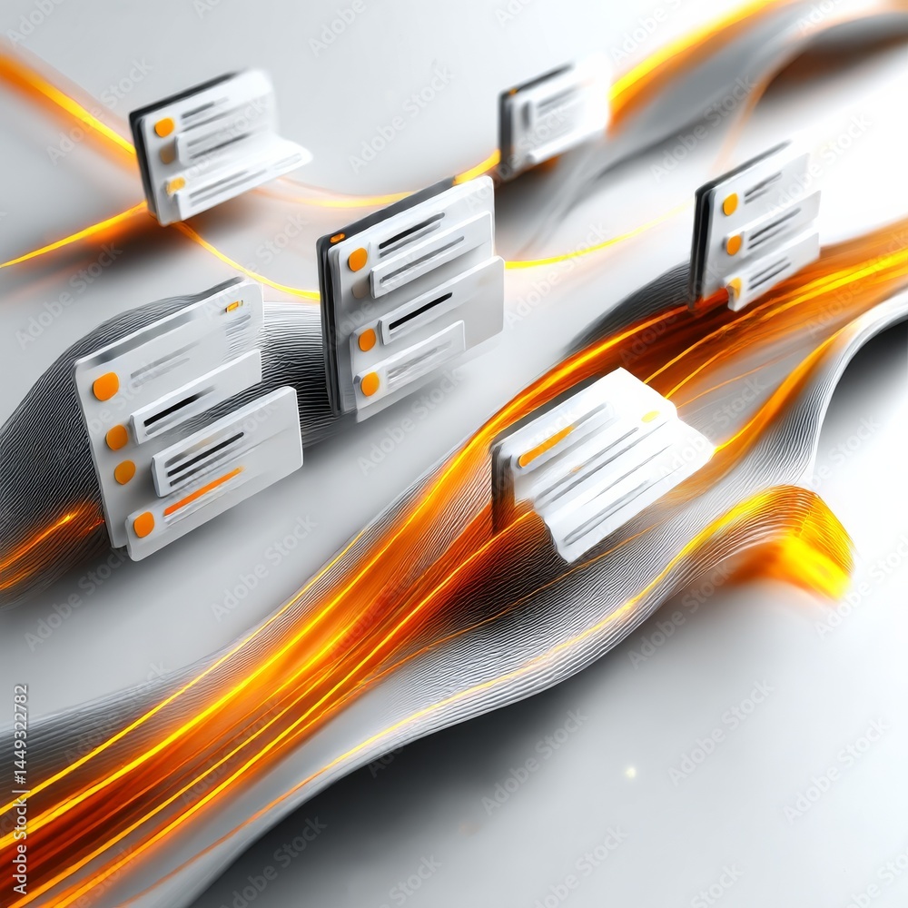 Poster Data Flow Visualization: Connected User Interfaces with Bright Orange Data Streams and a Clean White Background