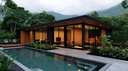Modern luxury single-story house with large glass overlooking outdoor pool in a lush green landscape with mountain backdrop and contemporary design