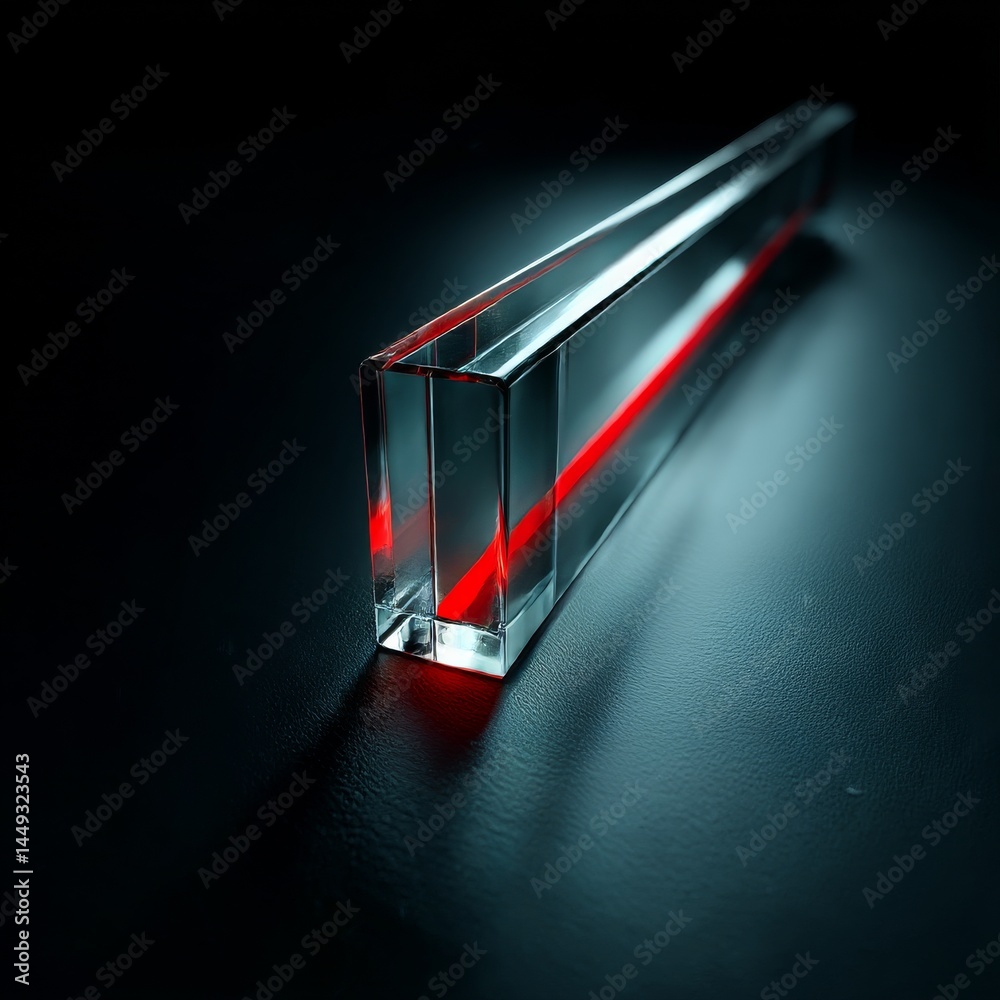 Poster illuminated crystal block with red light stream: a study in light, transparency, and modern minimali