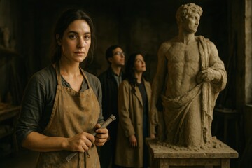 Naklejka premium Sculptor brings artistic vision to life in a creative workshop setting