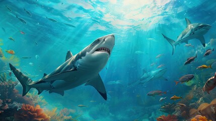 Fototapeta premium Underwater Scene Featu a Great White Shark Swimming Among Colorful Reef Fish and Coral with Sunlight Penetrating Ocean Water in a Vibrant Marine Environment