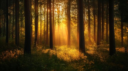 Fototapeta premium Sun rays shining through trees in the forest, creating a magical and peaceful atmosphere