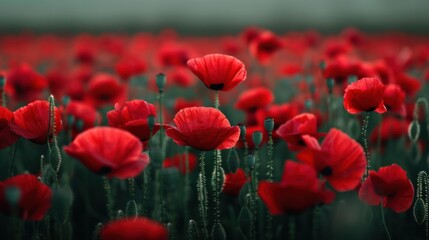 Obraz premium Bright Red Poppy Flowers Blooming in a Field Du Daytime on a Sunny Day with Green Stems and Leaves Creating a Lush, Vibrant Natural Landscape Scene