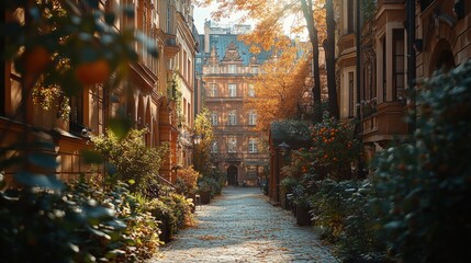 Fototapeta premium Picturesque autumnal alleyway with historic buildings.