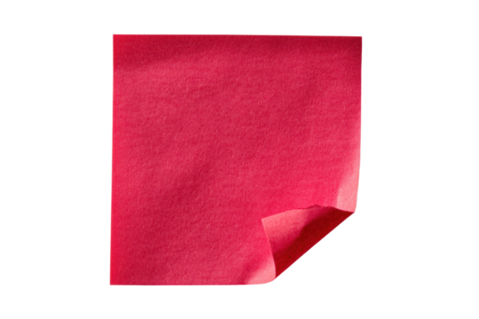 Red sticky note with folded corner on black background, cut out