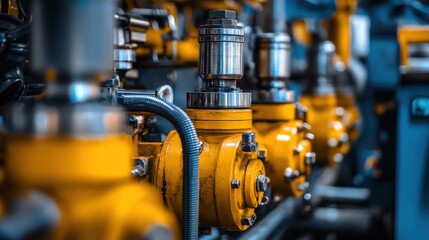 Obraz premium Industrial machinery close-up. Complex system of interconnected pipes, valves, and components