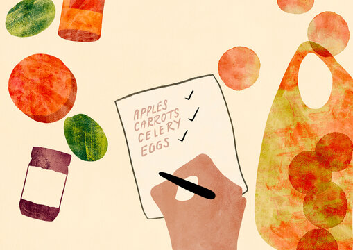 Illustration hand holding pen writing a food shopping list