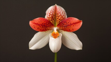 Fototapeta premium Close-up of a beautiful colorful orchid flower with detailed petals and vibrant patterns on a dark background suitable for botanical, floral, and nature themes