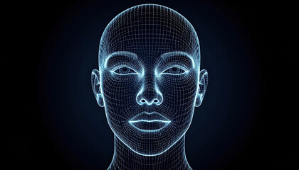 Futuristic Wireframe Face Representation on Dark Background