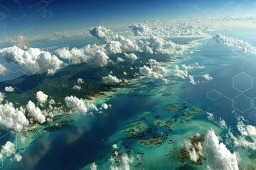 Fototapeta premium Aerial View of Tropical Island with Crystal Clear Waters and Lush Greenery Under Clouds