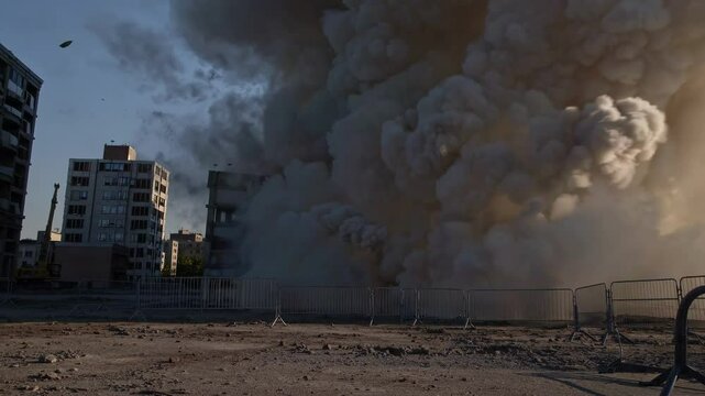 Building demolition with explosion, smoke, and debris in an urban area. Dust and debris spread as the structure collapses amid a clear sky. Modern cityscape in the background