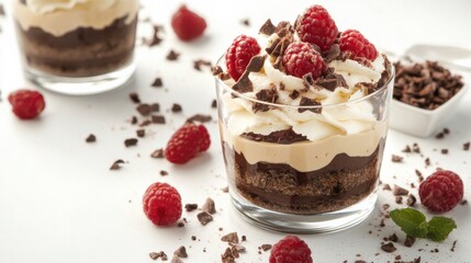 A panna cotta dessert topped with mixed berries, red sauce, and a mint leaf on a white plate.