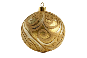 Ornate gold christmas ornament with glittering swirl patterns on black background, cut out