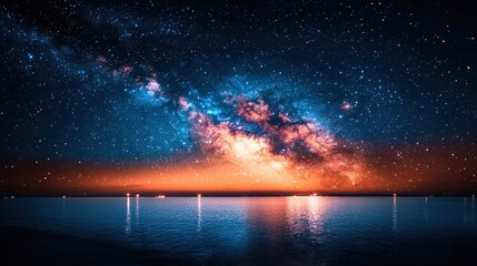 Fototapeta premium Vast, colorful galaxy above a tranquil sea.