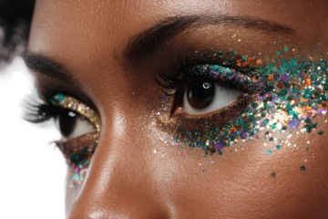 Close-up of african female young adult with glitter makeup highlighting eyes, cut out