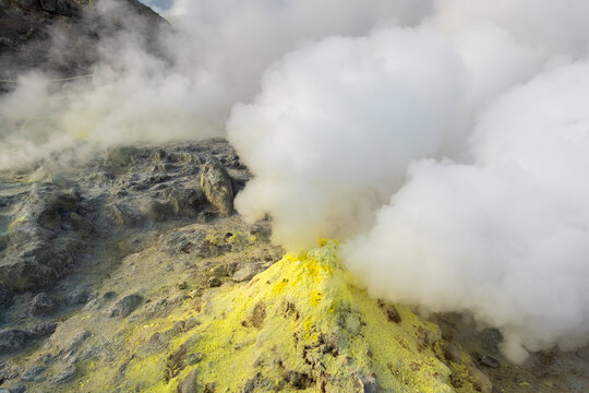 Yellow Sulphur Deposits Around The Sulphur Vents At Mount Io, Japan