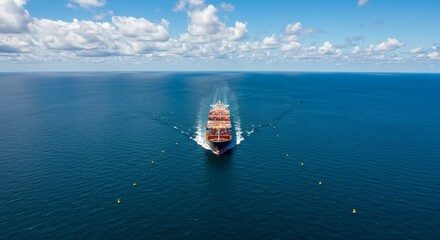 Aerial View of Container Ship on Ocean Route - A large container ship sails across a vast ocean under a bright blue sky. The symbolizes global trade, maritime transport, logistics