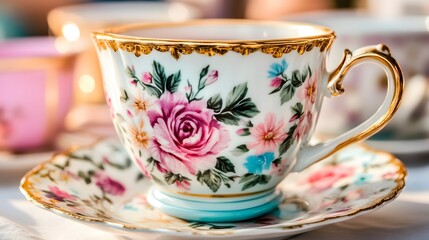 Fototapeta premium Elegant Floral Teacup and Saucer Vintage Design