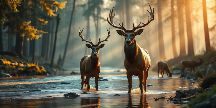 a shallow stream running through the center, reflecting the surrounding trees and sky