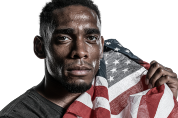 Confident african adult male with american flag on dark background, cut out