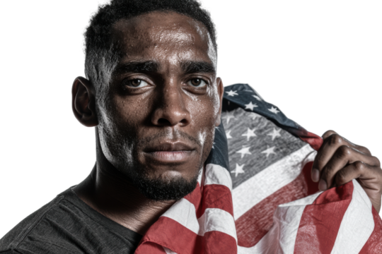 Confident african adult male with american flag on dark background, cut out