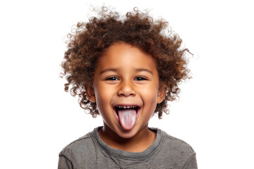Joyful african child making funny face with tongue out and curly hair, cut out
