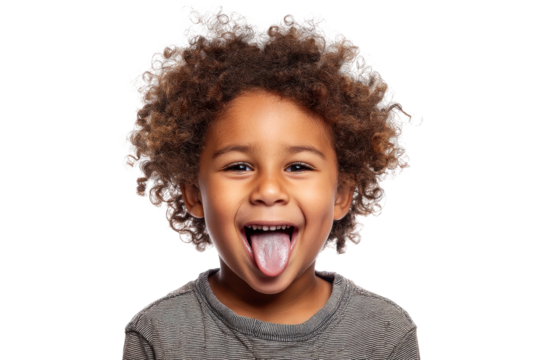 Joyful african child making funny face with tongue out and curly hair, cut out