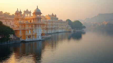 Obraz premium Sunrise over pastel-colored palaces by a tranquil lake.