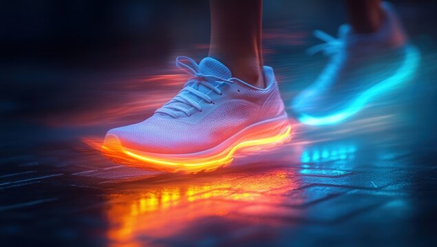 Athlete's futuristic running shoes glow in the dark